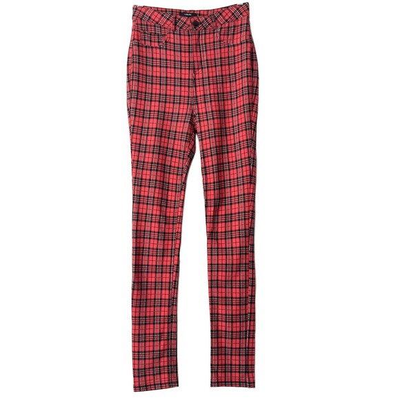 Labijou Pants Women Size M Red Scottish Tartan Skinny Leg Lightweight High Waist - Picture 1 of 7